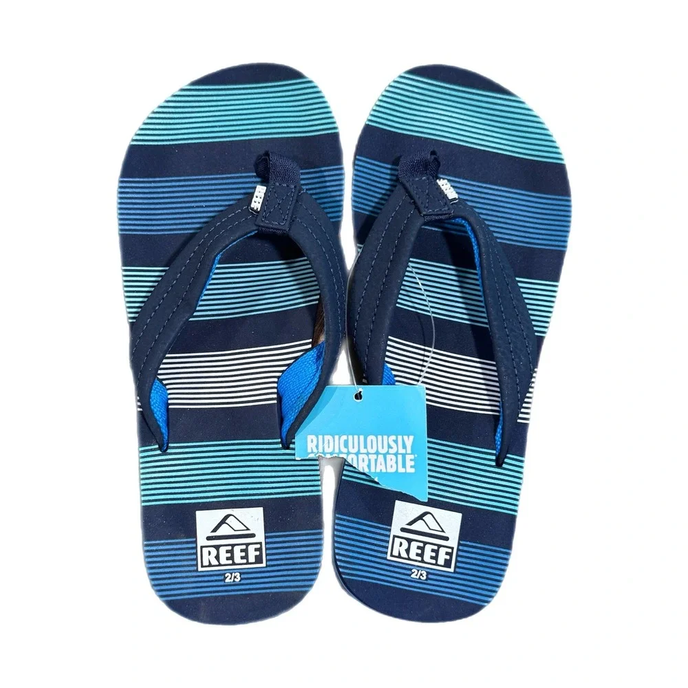 REEF Kids Ahi Flip Flops Size 2/3 Navy Blue Stripe Sandals NWT Boys